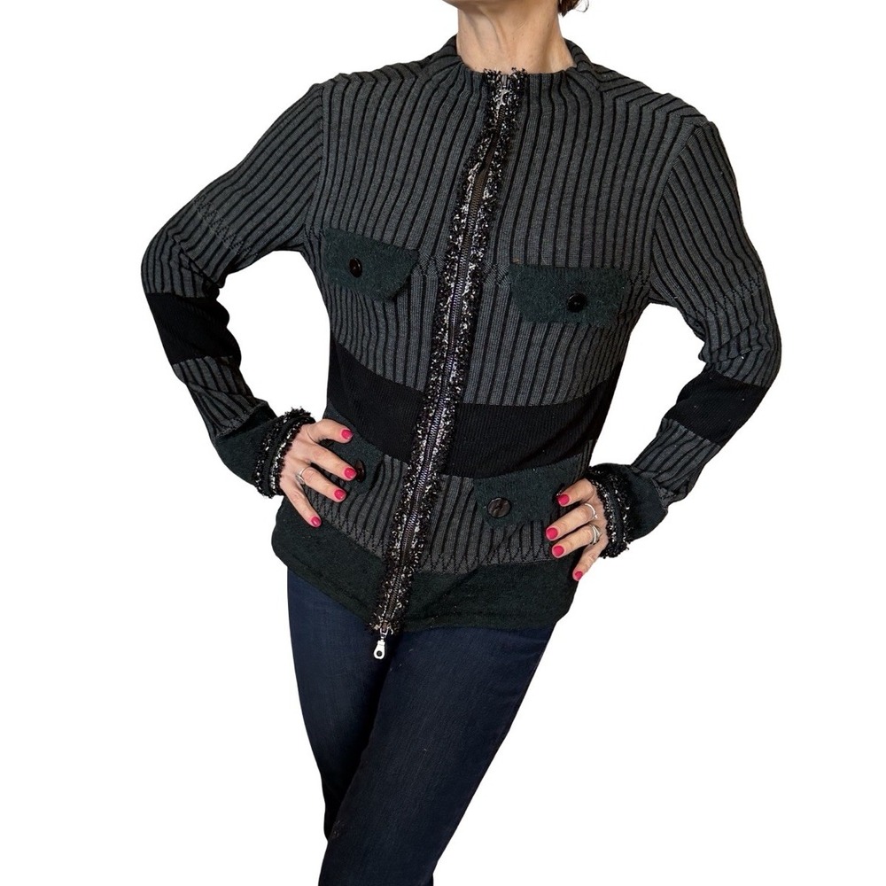 Y2K Tricot Chic Cardigan Knit Sweater Jacket Full Zip Cashmere Blend Green 2